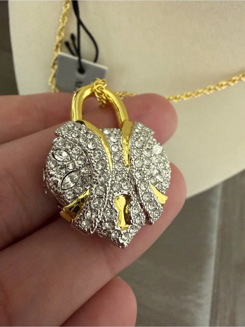NWT Alexis Bittar Crystal Heart Pavé Padlock Pendant Necklace Gold Tone Chain